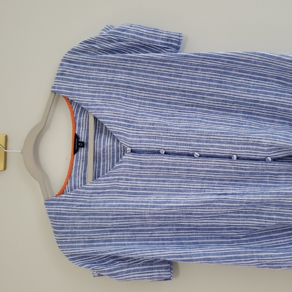 Nautica Women Linen Blend Top XS Blue White Stripes Short Sleeve Button Down - Picture 2 of 12